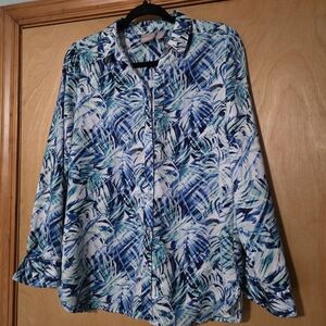Chico's Tropical Blue and Green Button Down Shirt Size M